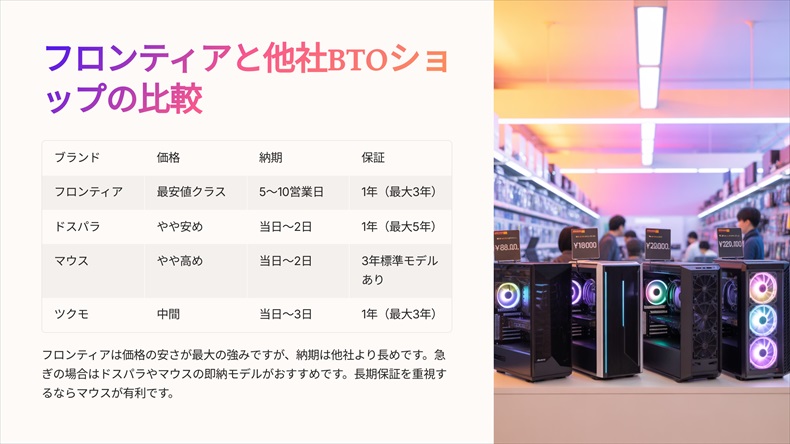 フロンティア(FRONTIER)と他社BTOショップの比較